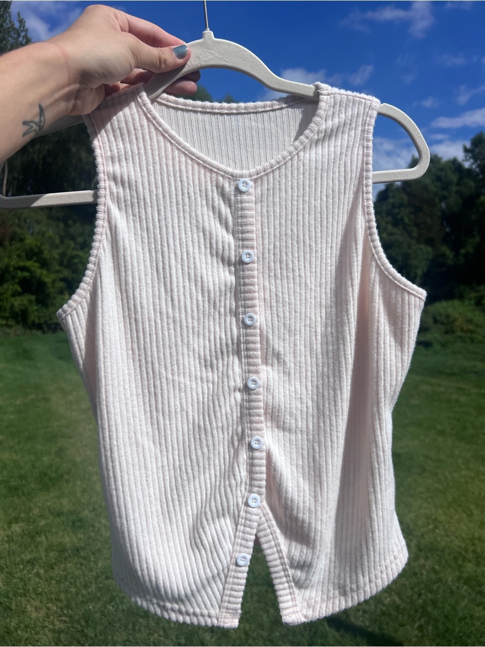 Cream Off-White Ribbed Knit Button Front Sleeveless Tank Top Sz M